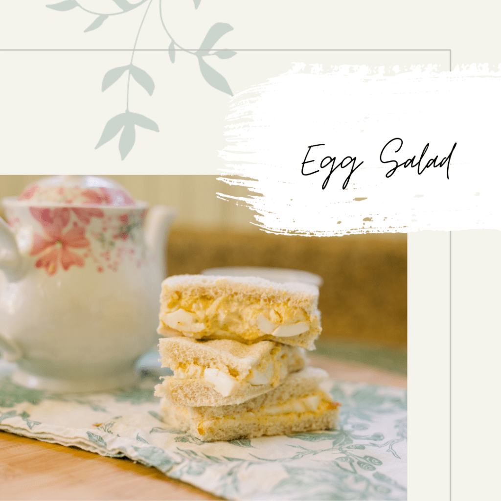 ANOTHER TAKE ON A CLASSIC TEA PARTY SANDWICH, EGG SALAD HAS A PLACE AT THE TABLE IN THIS BITE SIZE SNACK. CUT INTO QUARTERS, PERHAPS ADD SOME CHEESE AND GET TO MUNCHING.