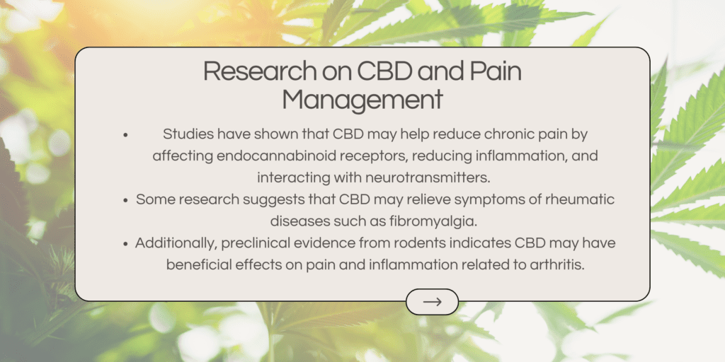 Studies have shown that CBD may help reduce chronic pain by affecting endocannabinoid receptors, reducing inflammation, and interacting with neurotransmitters. Some research suggests that CBD may relieve symptoms of rheumatic diseases such as fibromyalgia. Additionally, preclinical evidence from rodents indicates CBD may have beneficial effects on pain and inflammation related to arthritis.