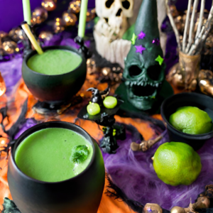 This witches brew, served in faux caldrons, is a bright, herbaceous cocktail with matcha, mint, and lime. The sppoky green color is perfect for a spooky halloween drink, and it's pictured here with a dark green scull, limes, and various halloween decor.