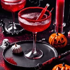 This Bloody Rum cocktail, served with faux bloody syringes, is a fruity and tart cocktail with Jaidrate tea and ginger beer. The spooky blood red color is perfect for a spooky halloween drink, and it's pictured here with mini jack-o-lanterns, blood, and various halloween decor.