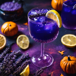 This nightmare nightcap, served with lemon wedge, is a color changing, floral cocktail with blue pea flower, lavender, and lemon. The deep blue color shift to a vibrant purple upon adding in the lemon, a perfect trick for a spooky halloween drink, and it's pictured here with mini pumpkins, lavender, lemon slices, and various halloween decor.