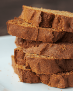 A stack of thick, moist slices of Pumpkin Up Chai bread.