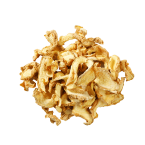 A pile of large chunks of dried ginger in various twisted shapes.